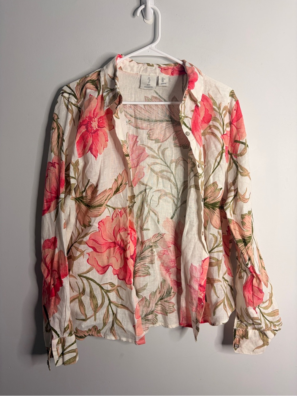 Joie 100% Linen Cream Button-Down Shirt Pink Floral Print Large
